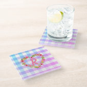 Benutzerdefinierter Text/ Pastell Gingham Blumenkr Glasuntersetzer (Schrägansicht)