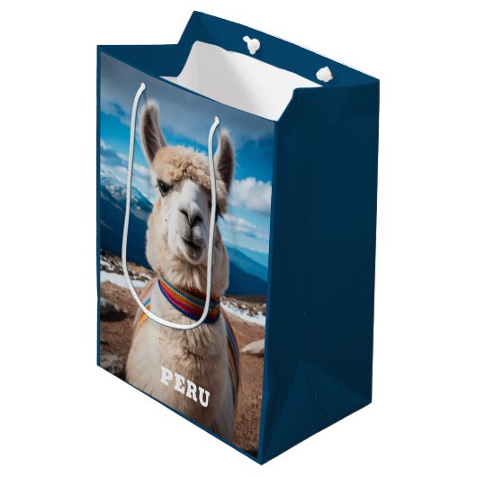 Benutzerdefinierter Text Peru Llama Mittlere Geschenktüte (Vorderseite Schrägansicht)