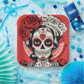 Benutzerdefinierter Text 💀 Pop Art Calavera Rot & Pappteller (Party)