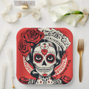 Benutzerdefinierter Text 💀 Pop Art Calavera Rot & Pappteller