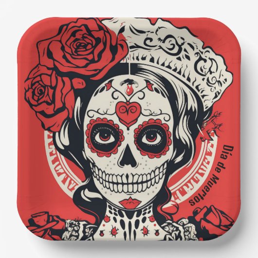 Benutzerdefinierter Text 💀 Pop Art Calavera Rot & Pappteller (Vorderseite)