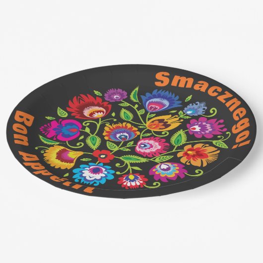 Benutzerdefinierter Text Runde polnische Folklore- Pappteller (Schrägansicht)