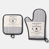 Benutzerdefinierter Text, Weiß und Blaue Streifen Ofenhandschuh & Topflappen-Set (Vorderseite)