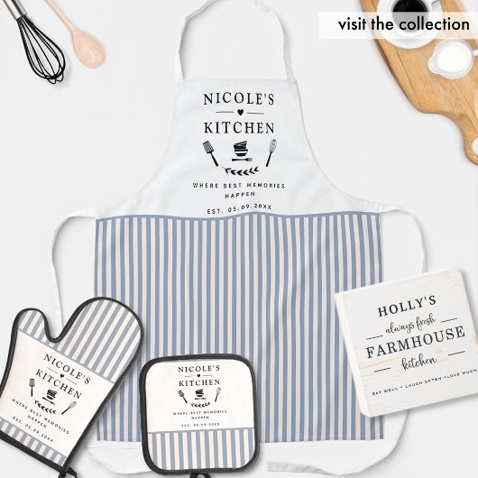 Benutzerdefinierter Text, Weiß und Blaue Streifen Ofenhandschuh & Topflappen-Set