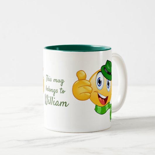 Benutzerdefinierter Text wirft Emoji mit Hut und S Zweifarbige Tasse (VorderseiteRechts)