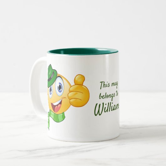 Benutzerdefinierter Text wirft Emoji mit Hut und S Zweifarbige Tasse (Vorderseite Links)