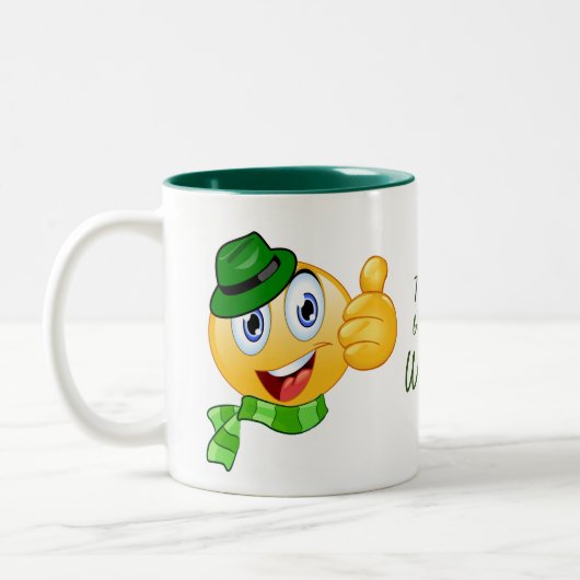 Benutzerdefinierter Text wirft Emoji mit Hut und S Zweifarbige Tasse (Links)