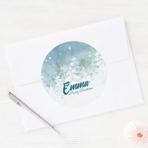 Benutzerdefinierter Türkis-Aquarell-Winterwald-Wei Runder Aufkleber