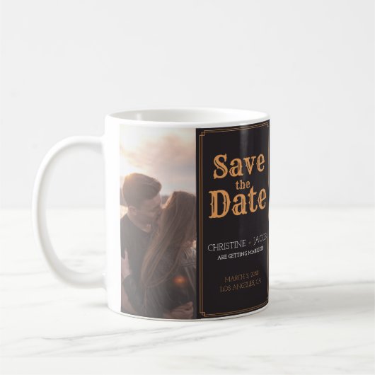 Benutzerdefinierter Vintager Foto Save the Date Kaffeetasse (Links)