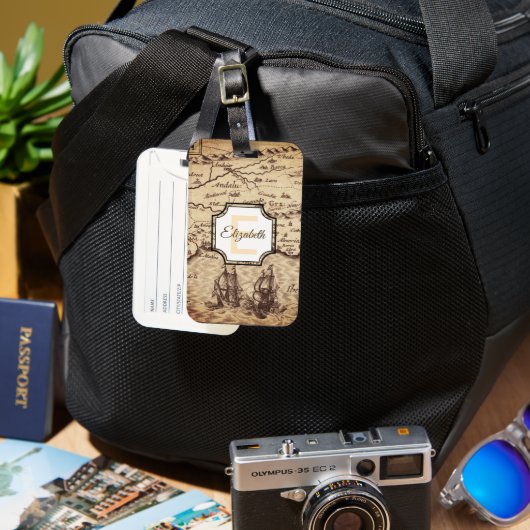 Benutzerdefinierter Vintager Sepia-Map-Monogrammna Gepäckanhänger (Vorderseite & Rückseite)