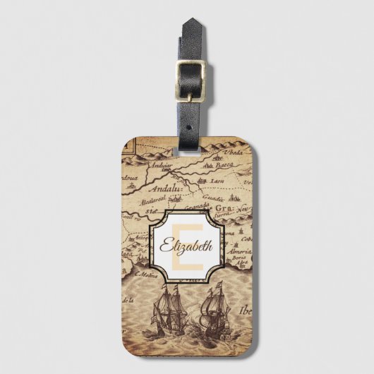 Benutzerdefinierter Vintager Sepia-Map-Monogrammna Gepäckanhänger (Vorderseite Vertikal)
