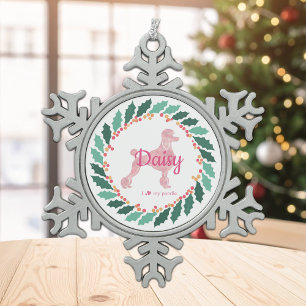 Benutzerdefinierter Weihnachts-Pastellrosa-Pudel-O Schneeflocken Zinn-Ornament