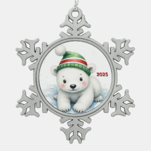 Benutzerdefinierter Weihnachtskleiner Eisbär Schneeflocken Zinn-Ornament