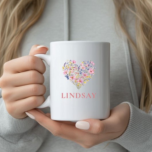 Benutzerdefinierter Wildblumen-Herz-Namen-Becher Kaffeetasse