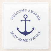 Benutzerdefinierter Willkommensanker an Bord blau Glasuntersetzer (Vorderseite)