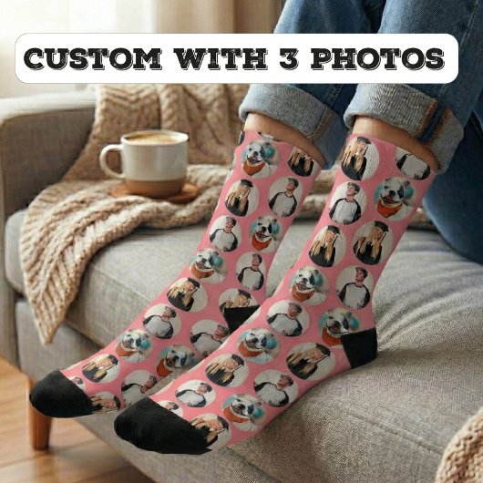 Benutzerdefiniertes 3-Foto-Muster rosa Socken