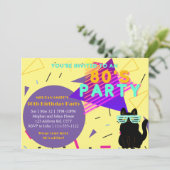 Benutzerdefiniertes 80er Retro Black Cool Cat Thro Einladung (Stehend Vorderseite)