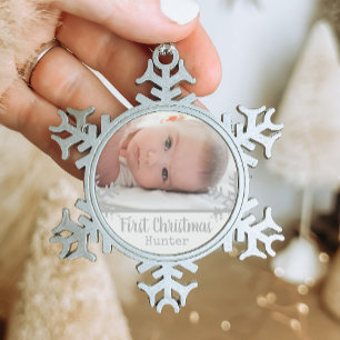 Benutzerdefiniertes Baby-Foto Erstes Weihnachten W Schneeflocken Zinn-Ornament