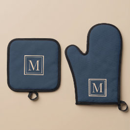 Benutzerdefiniertes Blau & Vanille-Rahmen-Monogram Ofenhandschuh & Topflappen-Set