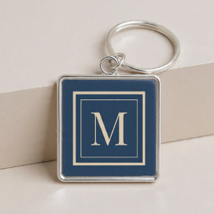 Benutzerdefiniertes Blau & Vanille-Rahmen-Monogram Schlüsselanhänger