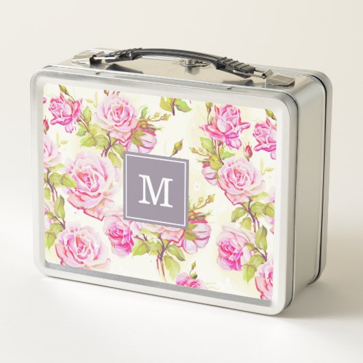 Benutzerdefiniertes Blumenmuster Alte Rose Monogra Metall Lunch Box (Rückseite)
