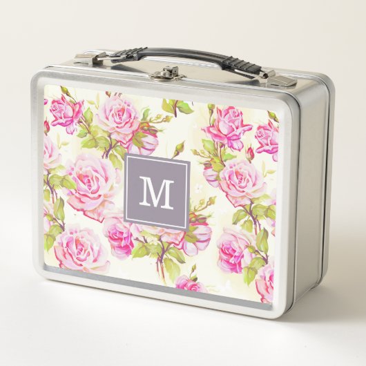 Benutzerdefiniertes Blumenmuster Alte Rose Monogra Metall Lunch Box (Vorderseite)