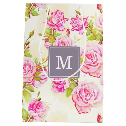 Benutzerdefiniertes Blumenmuster Alte Rose Monogra Mittlere Geschenktüte (Rückseite)