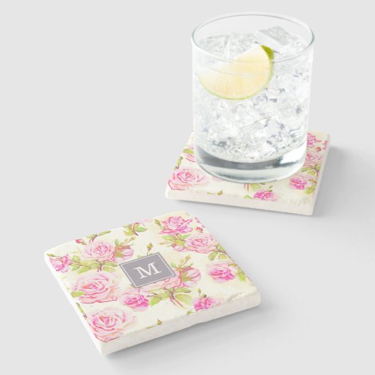 Benutzerdefiniertes Blumenmuster Alte Rose Monogra Steinuntersetzer (Seitenansicht)