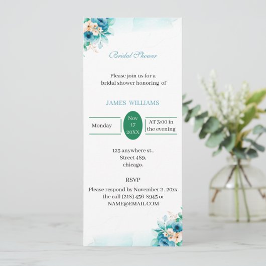 Benutzerdefiniertes Brautparty Elegante Blaue Blum Einladung (Stehend Vorderseite)