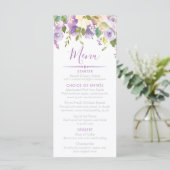 Benutzerdefiniertes Brautparty für lila Peonings Menükarte (Stehend Vorderseite)