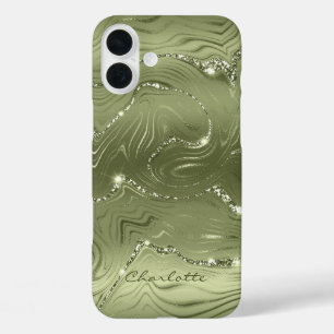 Benutzerdefiniertes Chic Olive Green Silver Glitze iPhone 16 Plus Hülle
