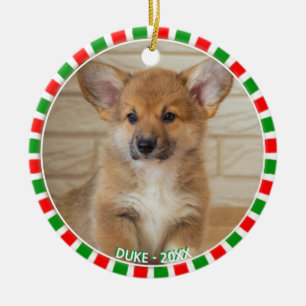 Benutzerdefiniertes Corgi-Hundefoto und grüner rot Keramik Ornament
