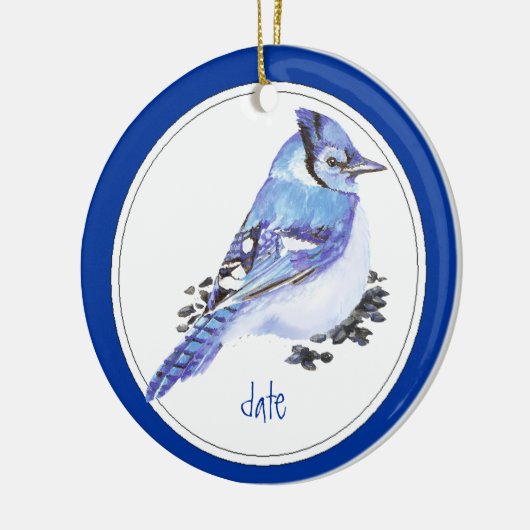 Benutzerdefiniertes Datum Blue Jay Bird Animal Keramik Ornament (Links)