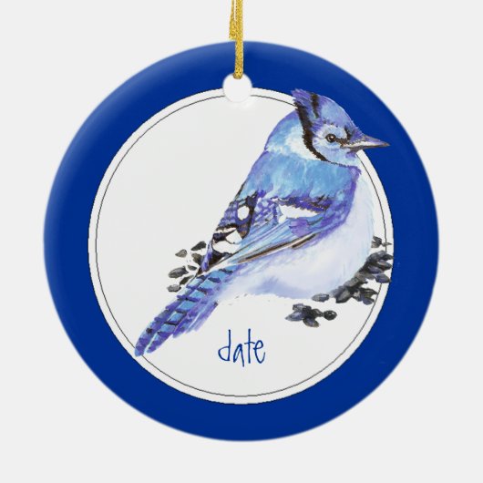 Benutzerdefiniertes Datum Blue Jay Bird Animal Keramik Ornament (Hinten)