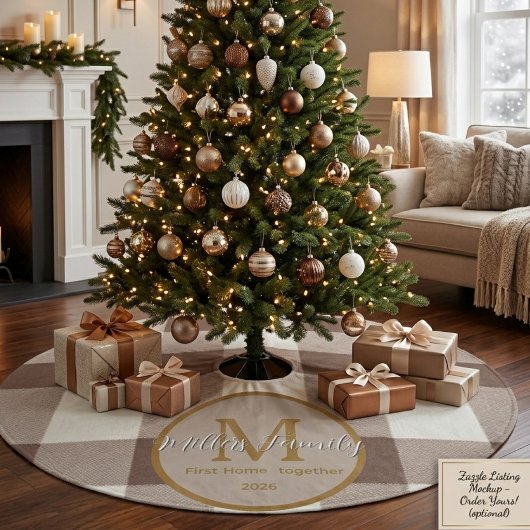 Benutzerdefiniertes erstes Zuhause Brauner Büffel Fleece Weihnachtsbaumdecke