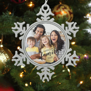 Benutzerdefiniertes FAMILIEN-Script Ein Foto-Anden Schneeflocken Zinn-Ornament