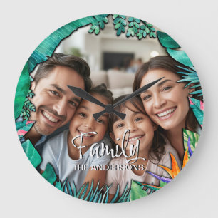 Benutzerdefiniertes Familienfoto Name Tropisches W Große Wanduhr