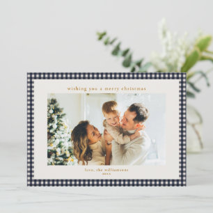 Benutzerdefiniertes Familienfoto Navy Gingham Karo Feiertagskarte
