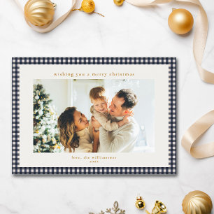 Benutzerdefiniertes Familienfoto Navy Gingham Karo Feiertagskarte