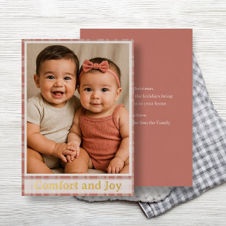Benutzerdefiniertes Familienfoto Terrakotta-Beige Folien Feiertagskarte