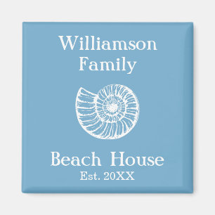 Benutzerdefiniertes Familienstrandhaus Shell Blau Magnet