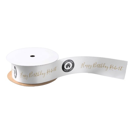 Benutzerdefiniertes Firmenlogo und Text in Weiß Satinband (Spule)