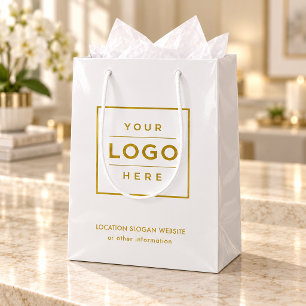 Benutzerdefiniertes Firmenlogo Weiß Gold Branding Mittlere Geschenktüte