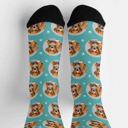 Benutzerdefiniertes Foto Aquamarin Blue Paw Print Socken (Oben)