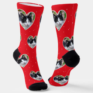 Benutzerdefiniertes Foto einer Tuxedo-Katze auf ro Socken
