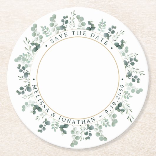 Benutzerdefiniertes Foto Eukalyptus Wedding Save t Runder Pappuntersetzer (Vorderseite)