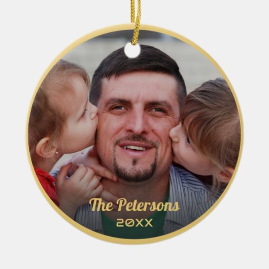 Benutzerdefiniertes Foto Familienname Gold Frame E Keramik Ornament (Vorne)