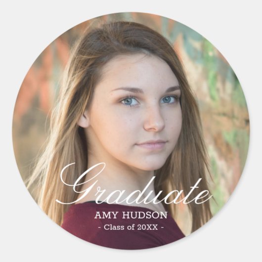 Benutzerdefiniertes Foto für das White Script-Grad Runder Aufkleber (Vorderseite)