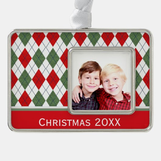 Benutzerdefiniertes Foto für grüne und rote Raute Rahmen-Ornament Silber (Vorderseite)