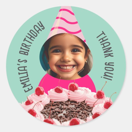 Benutzerdefiniertes Foto Geburtstag Dank Party Hat Runder Aufkleber (Vorderseite)
